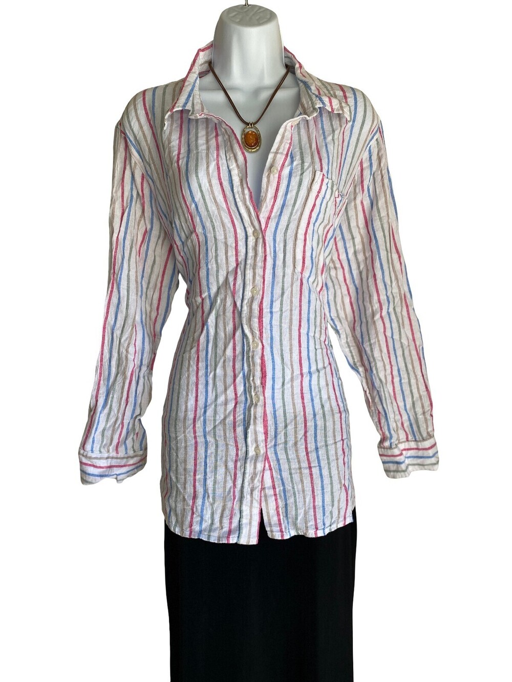 VTG GAP Womens XL Linen Striped Button Up Blouse W Pocket Officecore Fall Casual